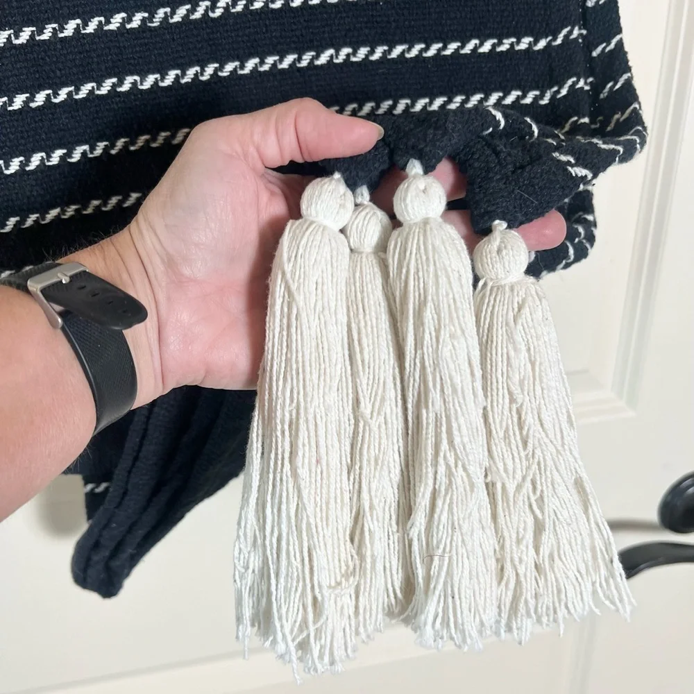 Aman Black & White Striped Boho Blanket throw with decorative large Tassels